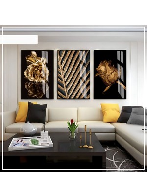 Harikabirev Harikabirev|siyah-Gold Renk Gül Seti |çerçeveli Cam Tablo 3lü Dikey