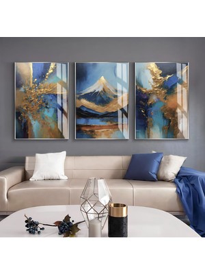 Harikabirev Harikabirev|lacivert-Gold Soyut Dağ Manzara Kombini|çerçeveli Cam Tablo  3lü Dikey