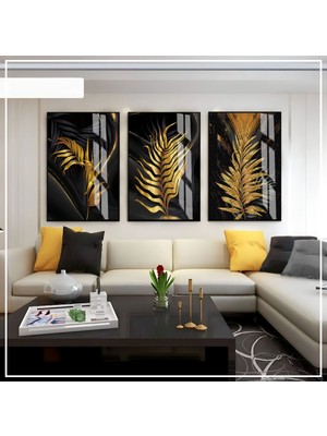 Harikabirev Harikabirev|siyah -Gold Renk Yaprak Set 02 |çerçeveli Cam Tablo 3lü Dikey