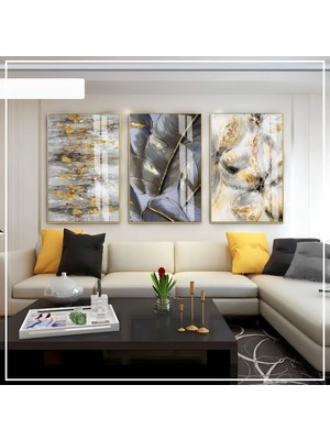 Harikabirev Harikabirev|siyah-Gold-Gri Soyut Seti 04 |çerçeveli Cam Tablo 3lü Dikey