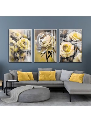 Harikabirev Harikabirev|sarı-Gri Çiçekler Kombini|çerçeveli Cam Tablo  3lü Dikey