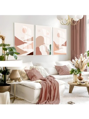 Harikabirev Harikabirev|krem Tonlar Soyut Manzaralı Bohem Seti |çerçeveli Cam Tablo 3lü Dikey