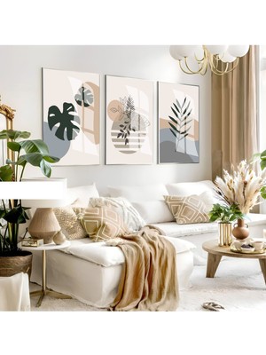Harikabirev Harikabirev|soft Gri-Krem Minimalist Yapraklı Set|çerçeveli Cam Tablo 3lü Dikey
