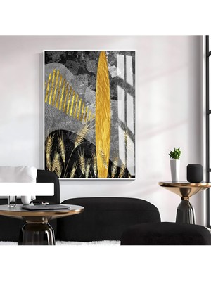 Harikabirev Harikabirev|gold-Siyah-Gri Soyut Yaprak Desenli Model 01 |çerçeveli Temperli Cam Tablo Tekli Dikey