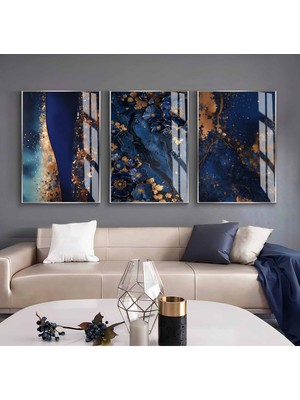 Harikabirev Harikabirev|bronz-Lacivert Çiçekli Soyut Kombini |çerçeveli Cam Tablo  3lü Dikey
