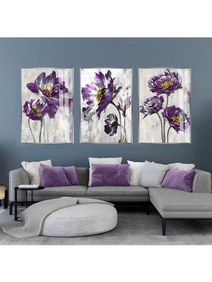 Harikabirev Harikabirev|gri-Mor Çiçekli Kombin Seti |çerçeveli Cam Tablo  3lü Dikey
