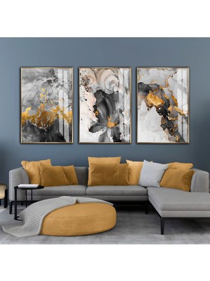 Harikabirev Harikabirev|gri-Gold Soyut Çiçek Kombini |çerçeveli Cam Tablo  3lü Dikey