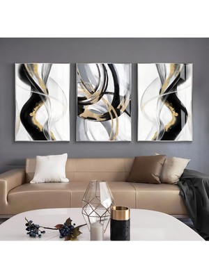 Harikabirev Harikabirev|siyah-Gold Renk Soyut Desen Seti|çerçeveli Cam Tablo 3lü Dikey