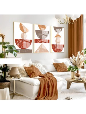 Harikabirev Harikabirev|grikahverengi-Turuncu Geometrik Bohem Seti |çerçeveli Cam Tablo 3lü Dikey