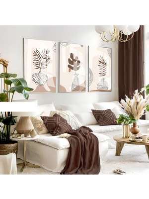 Harikabirev Harikabirev|kahve-Krem Tonlar Vazolu Yaprak Bohem Seti |çerçeveli Cam Tablo 3lü Dikey