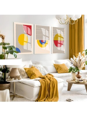 Harikabirev Harikabirev|krem-Sarı-Kırmızı Soyut Bohem Seti |çerçeveli Cam Tablo 3lü Dikey