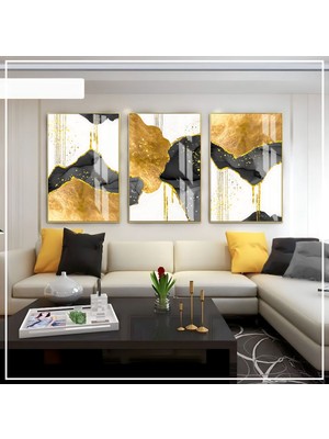 Harikabirev|siyah-Gold-Beyaz Soyut Seti 01 |çerçeveli Cam Tablo 3lü Dikey