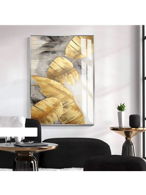 Harikabirev|gri-Gold Yaprak Desenli Model 1|çerçeveli Temperli Cam Tablo Tekli Dikey