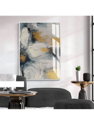 Harikabirev|sarı-Gri-Siyah Çiçekli Soyut Model 1|çerçeveli Temperli Cam Tablo Tekli Dikey