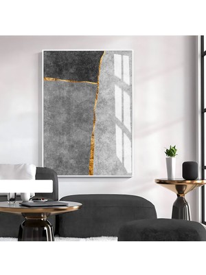 Harikabirev|soyut Gold-Siyah-Gri Elegant Desenli Model Iı |çerçeveli Temperli Cam Tablo Tekli Dikey