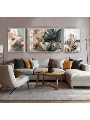 Harikabirev|krem-Siyah-Gold Sevilen Çiçek Yaprak Kombini|çerçeveli Temperli Cam Tablo 3lü Yatay