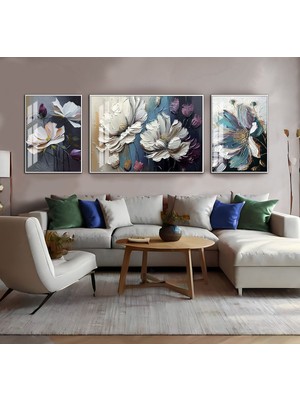 Harikabirev|mor-Mavi-Gri Çiçekler Kombini|çerçeveli Temperli Cam Tablo 3lü Yatay