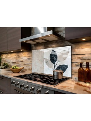 Harikabirev|bej-Siyah Yaprak Desen Motifli |ısıya Dayanıklı Ocak Arkası Cam