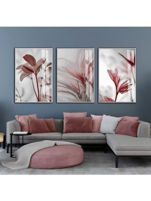 Harikabirev|gül Kurusu Pembe Renk Soyut Çiçek Yaprak |çerçeveli Cam Tablo  3lü Dikey