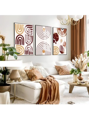 Harikabirev|kahve-Turuncu Soyut Bohem Seti 008 |çerçeveli Cam Tablo 3lü Dikey