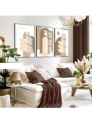 Harikabirev|krem Tonlar Bohem Soyut Seti |çerçeveli Cam Tablo 3lü Dikey