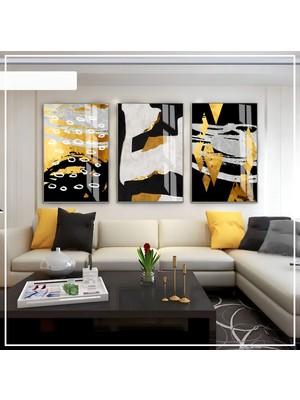 Harikabirev|gri-Siyah -Gold Soft Renk Soyut Seti 02 |çerçeveli Cam Tablo 3lü Dikey