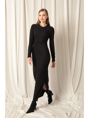 Kadın Ottoman Kumaş Sıfır Yaka Yıtmaçlı Siyah Elbise