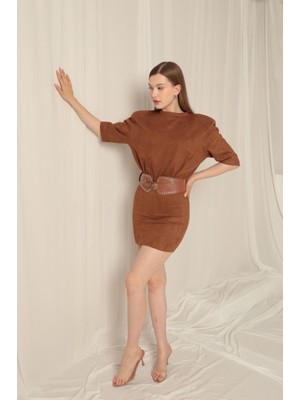 Kadın Süet Kumaş Vatkalı Kemerli Mini Elbise