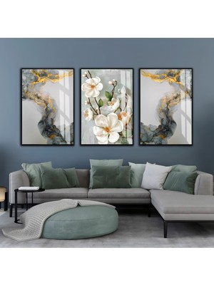 Harikabirev|yeşil-Gold-Beyaz Soyut Çiçek Kombini Iıı |çerçeveli Cam Tablo  3lü Dikey