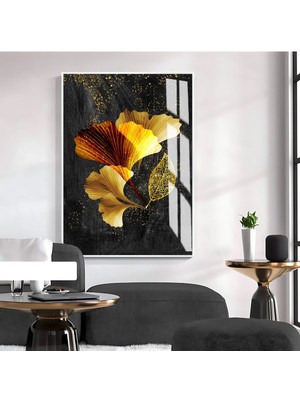 Harikabirev|gold-Siyah Yaprak Desenli Model 1|çerçeveli Temperli Cam Tablo Tekli Dikey