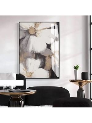 Harikabirev|soyut Gri-Beyaz Çiçek  Model 2|çerçeveli Temperli Cam Tablo Tekli Dikey