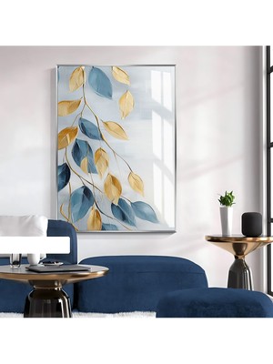 Harikabirev|mavi-Gold Renkli Yaprak Desen Model 2|çerçeveli Temperli Cam Tablo Tekli Dikey