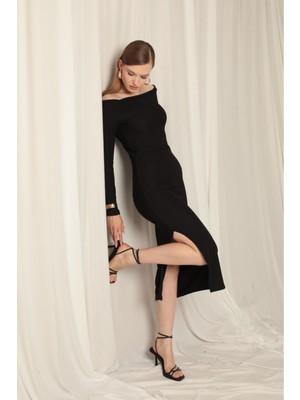 Kadın Ottoman Kumaş Madonna Yaka Straplez Yırtmaçlı Elbise