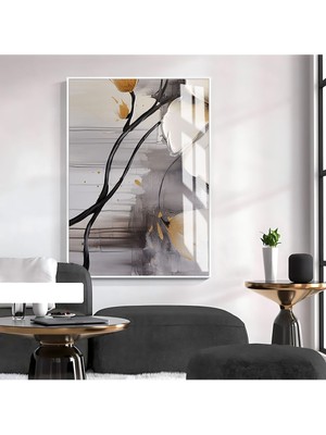 Harikabirev|gri-Krem-Siyah Çiçek Desenli Model 2|çerçeveli Temperli Cam Tablo Tekli Dikey
