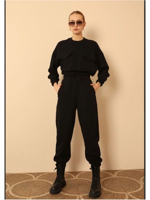 Kadın Kapitone Kumaş Oversize Cepli Beli Lastikli Sweatshirt