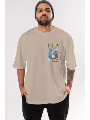 Ankhises Tom ve Jerry Ön Sol Baskılı Oversize T-Shirt Erkek Kadın Unisex Pamuk Bisiklet Yaka Tişort