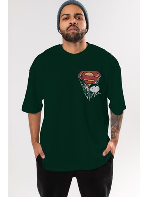 Ankhises Superman Ön Sol Baskılı Oversize T-Shirt Erkek Kadın Unisex  Pamuk Bisiklet Yaka Tişort