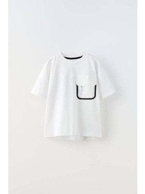 Tude Kids Yeni Sezon Yazılı Baskılı Cepli Erkek Çocuk T-Shırt Beyaz