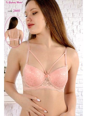 Fitsee Pudra Rengi Dantelli Dolgulu Push Up Tek Ip Detaylı Şık Sütyen Takım
