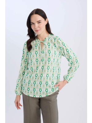 DeFacto Regular Fit Bağcıklı Yaka Desenli Uzun Kollu Bluz N1809AZ25SP