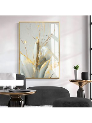 Harikabirev Gold-Beyaz Çiçek Desenli Modeli 1|çerçeveli Temperli Cam Tablo Tekli Dikey