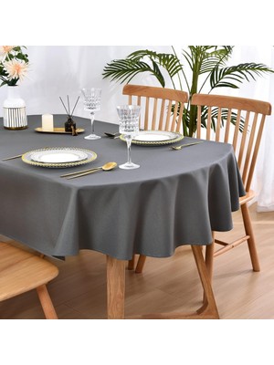Zeren Home Sıvı Geçirmez Dertsiz Oval Masa Örtüsü Antrasit + 12 Peçete