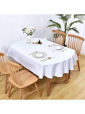 Zeren Home Sıvı Geçirmez Dertsiz Oval Masa Örtüsü Beyaz + 12 Peçete