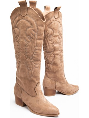 Tonny Black Kadın Vizon Süet Termo Taban Nakışlı Western Kovboy Bot