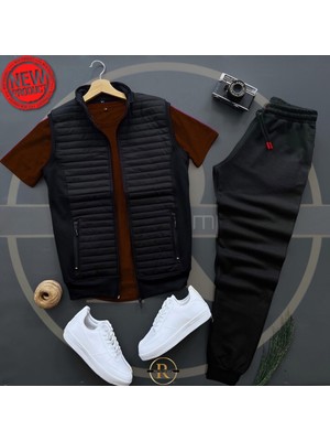 Risil-Nu Company Basic Kapitone Yelek - Yazlık Eşofman Altı - T-Shirt 3'lü Alt Üst Takım