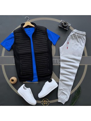 Risil-Nu Company Basic Kapitone Yelek - Yazlık Eşofman Altı - T-Shirt 3'lü Alt Üst Takım