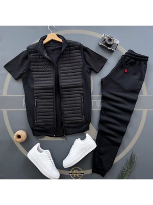 Risil-Nu Company Basic Kapitone Yelek - Yazlık Eşofman Altı - T-Shirt 3'lü Alt Üst Takım
