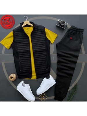 Risil-Nu Company Basic Kapitone Yelek - Yazlık Eşofman Altı - T-Shirt 3'lü Alt Üst Takım