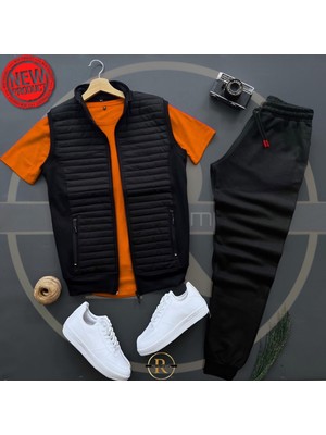 Risil-Nu Company Basic Kapitone Yelek - Yazlık Eşofman Altı - T-Shirt 3'lü Alt Üst Takım