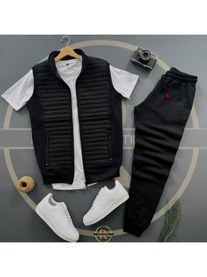 Risil-Nu Company Basic Kapitone Yelek - Yazlık Eşofman Altı - T-Shirt 3'lü Alt Üst Takım